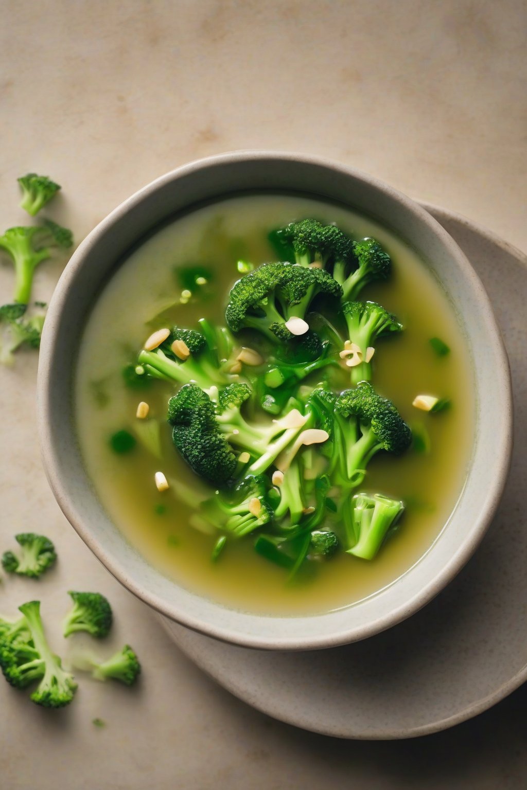 A close-up photo of broccoli miso soup with bright green florets in savory broth, under soft lighting.