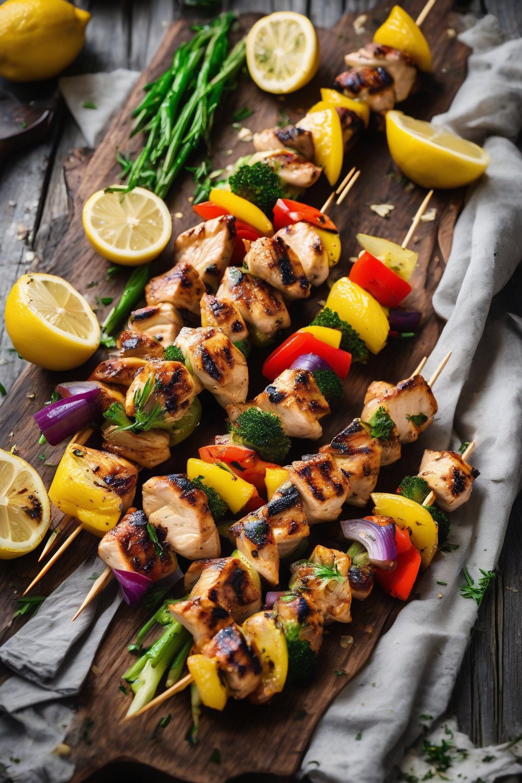 A high-resolution photo of grilled lemon garlic chicken skewers with veggies on a wooden board under soft lighting.