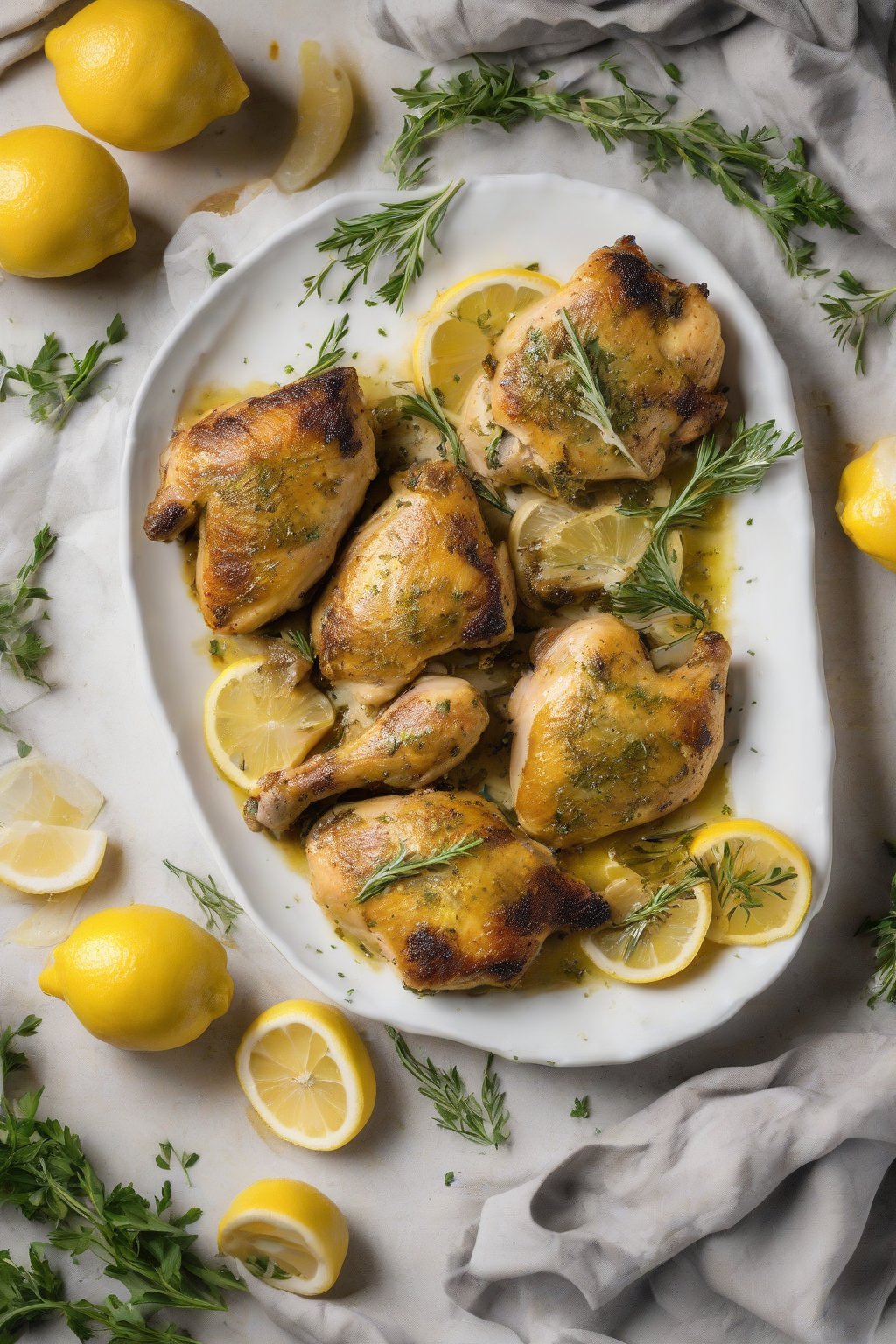 A high-resolution photo of golden baked lemon herb chicken thighs on a white plate under soft lighting.