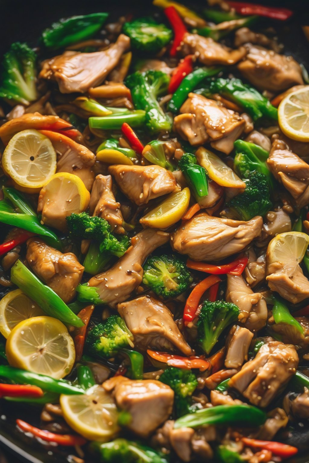 A high-resolution photo of vibrant lemon chicken stir-fry in a wok under soft lighting.