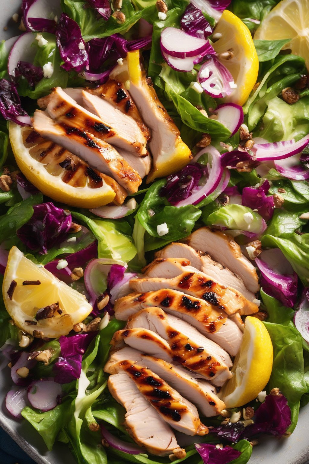 A high-resolution photo of sliced grilled lemon chicken over a colorful salad under soft lighting.