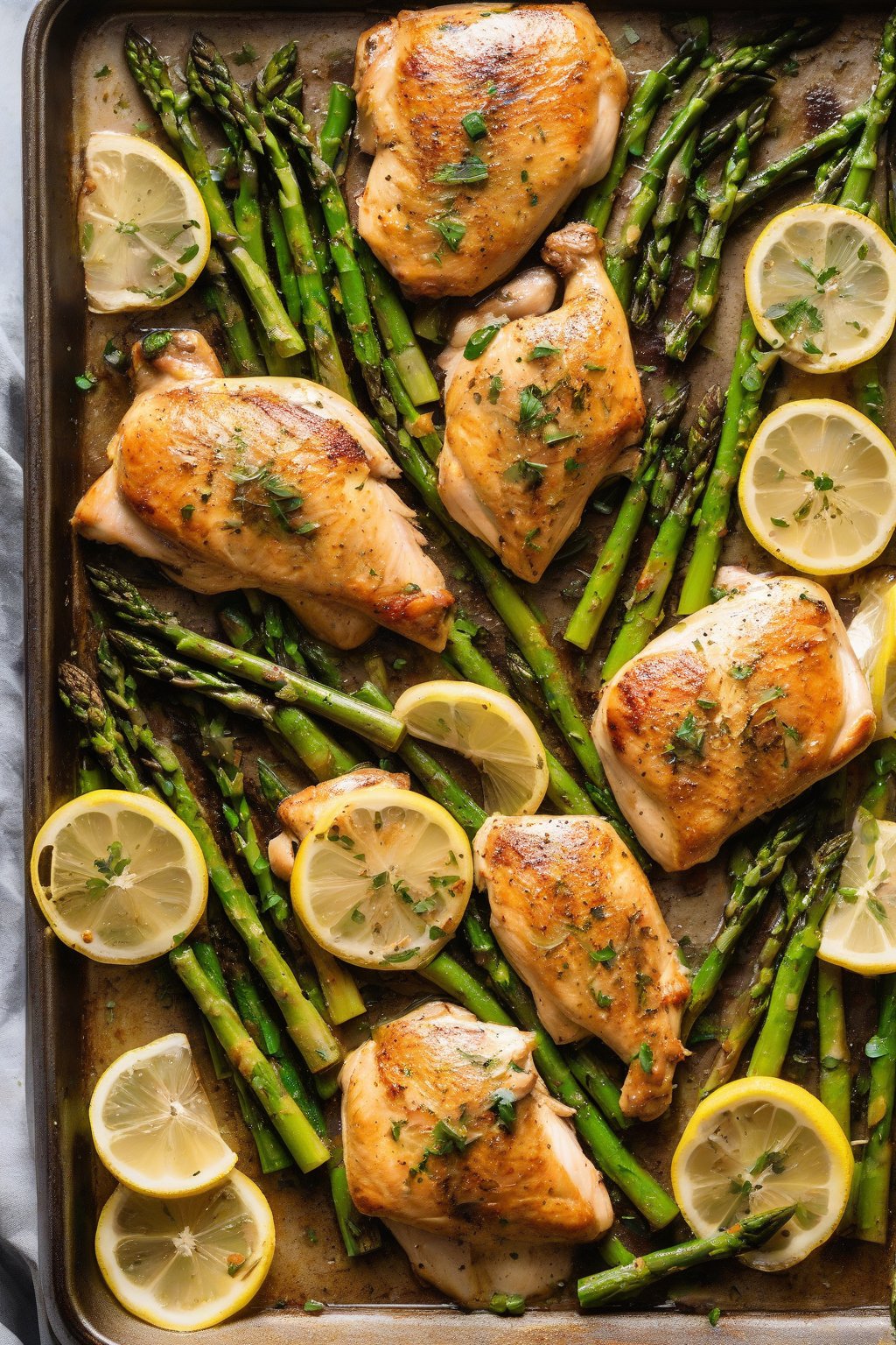 A high-resolution photo of sheet pan lemon chicken with asparagus under soft lighting.