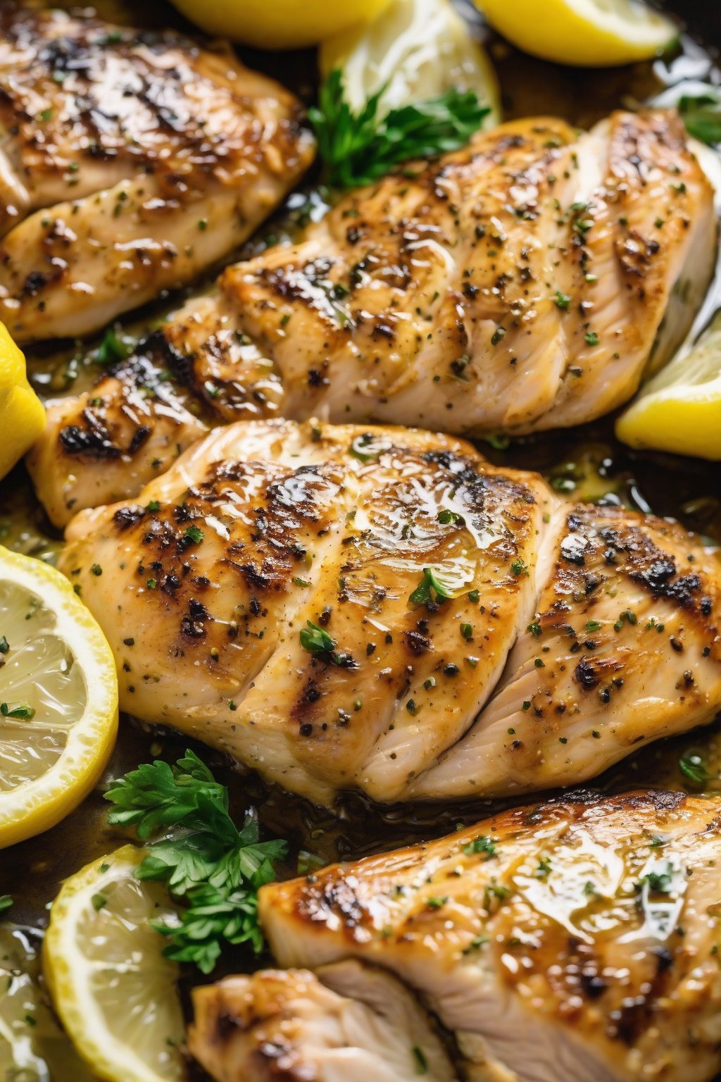 A high-resolution photo of pan-seared lemon pepper chicken breasts drizzled with lemon under soft lighting.