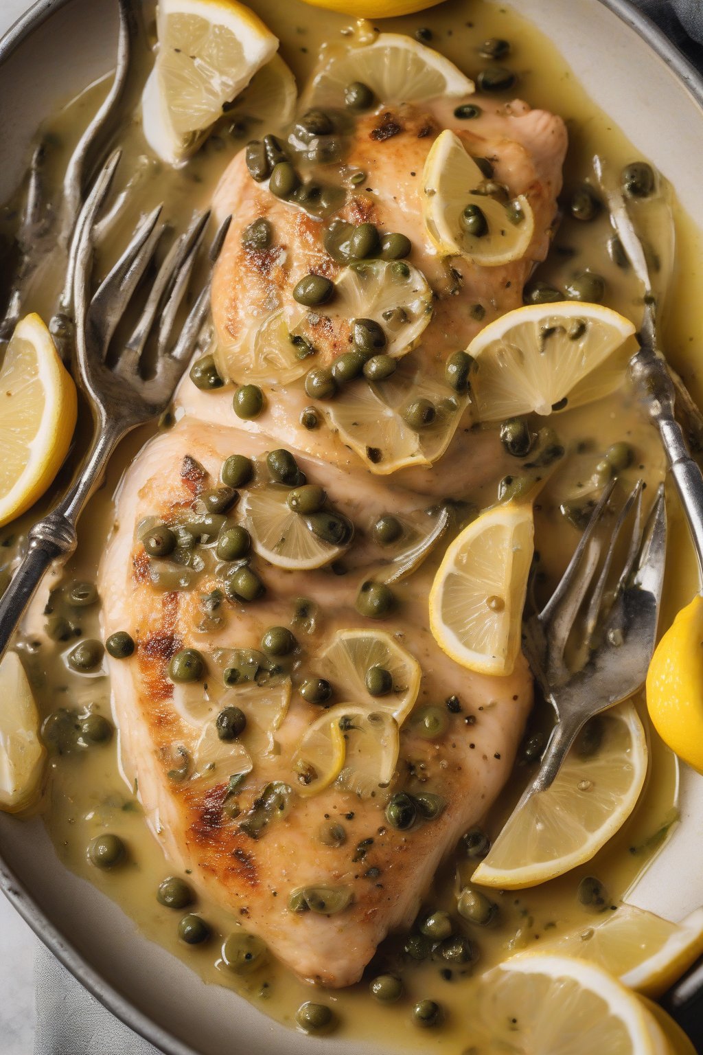 A high-resolution photo of lemon chicken piccata with capers and lemon slices under soft lighting.