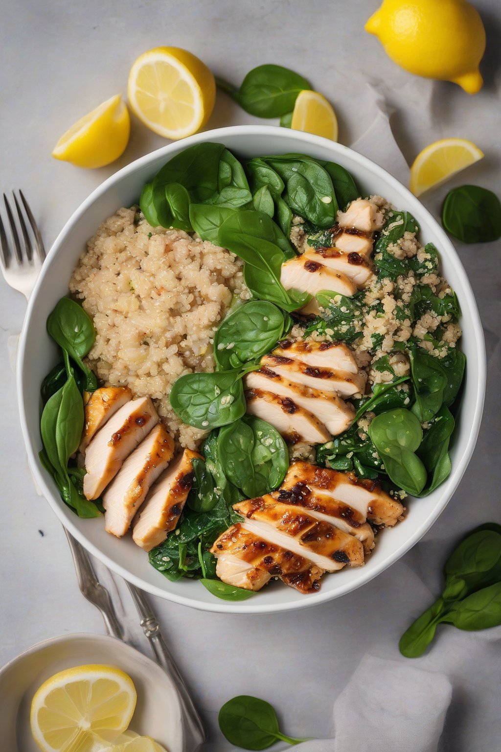 A high-resolution photo of lemon chicken quinoa bowl with spinach under soft lighting.