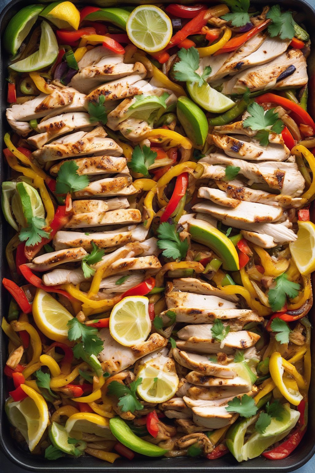 A high-resolution photo of sheet pan lemon chicken fajitas with veggies under soft lighting.