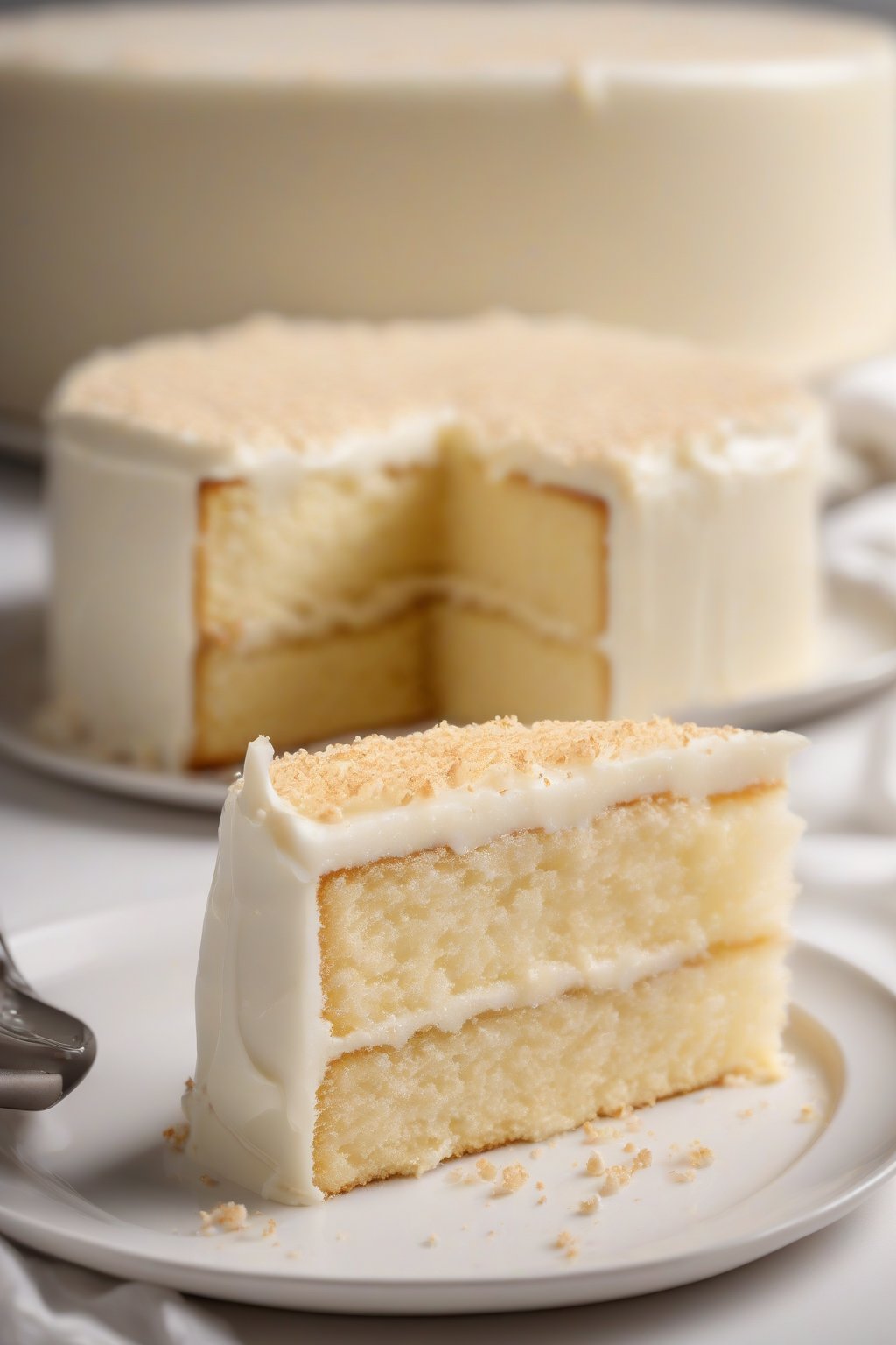 A high-resolution close-up photo of a sliced classic vanilla cake on a white plate, golden crumb visible, under soft lighting.