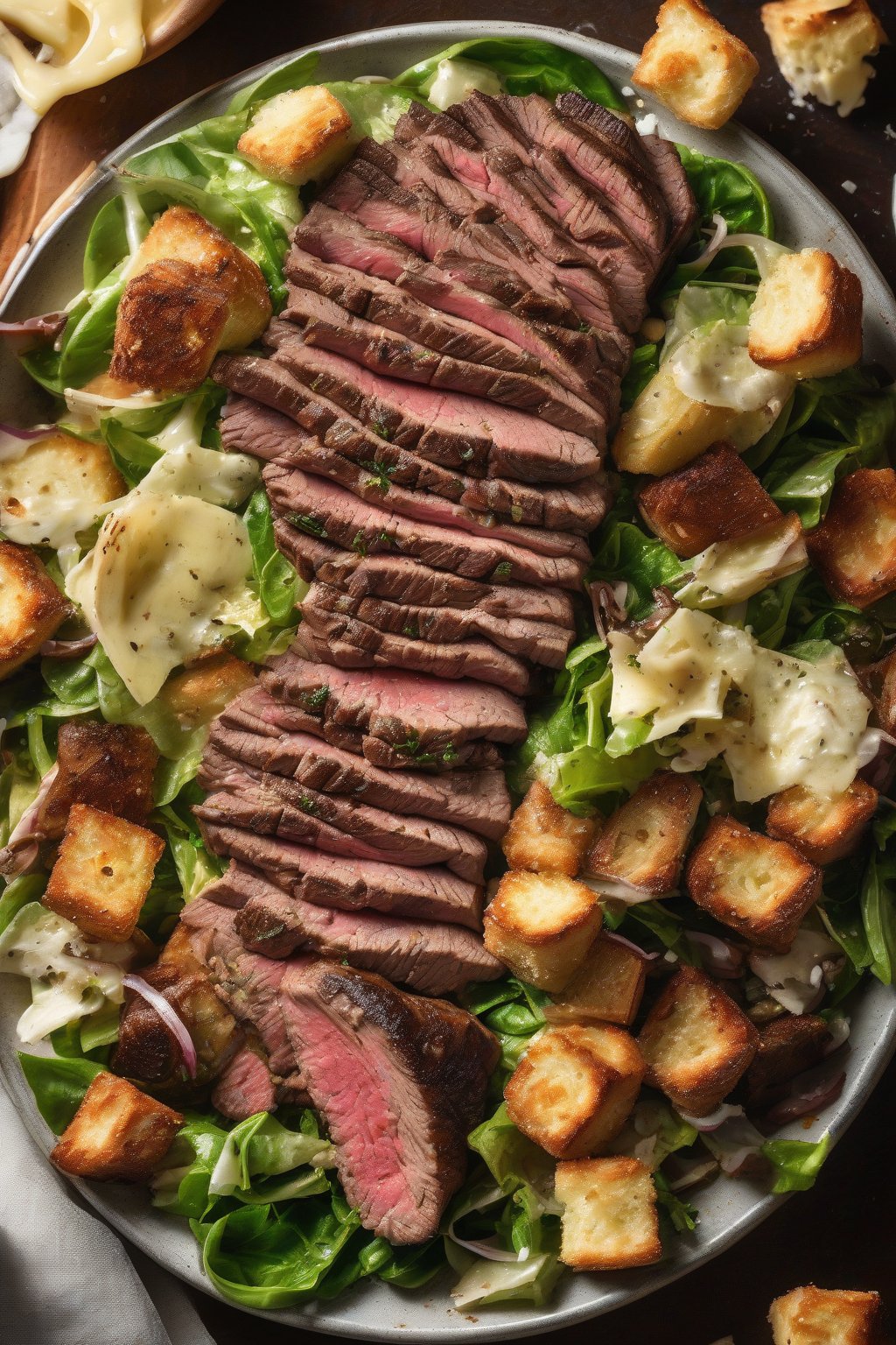 A high-resolution photo of thinly sliced steak over garlicky Cesar salad with buttery brioche croutons under soft lighting.