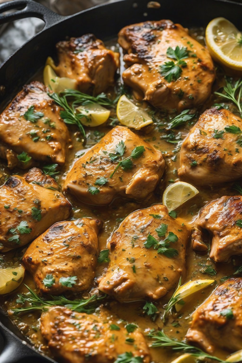 A high-resolution photo of simmering lemon butter chicken thighs in a skillet under soft lighting.