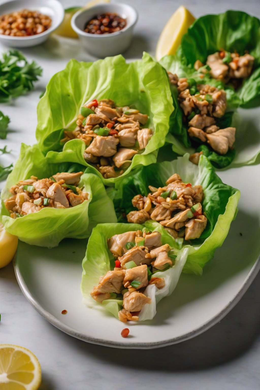 A high-resolution photo of lemon chicken lettuce wraps on a platter under soft lighting.