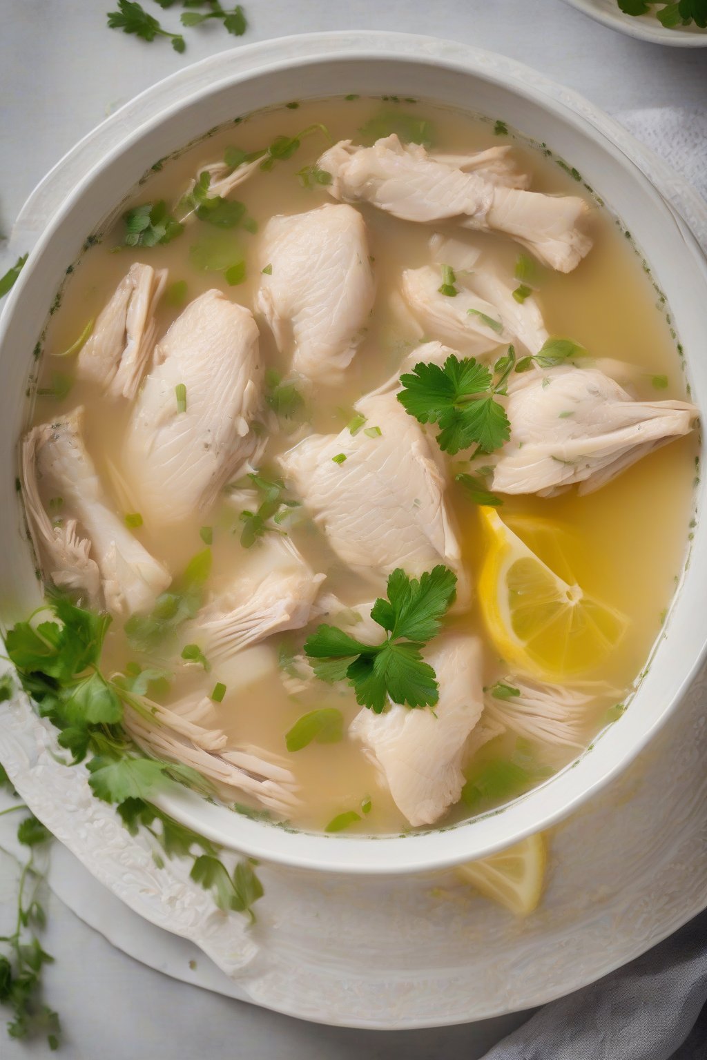 A high-resolution photo of steaming lemon chicken soup in a bowl under soft lighting.