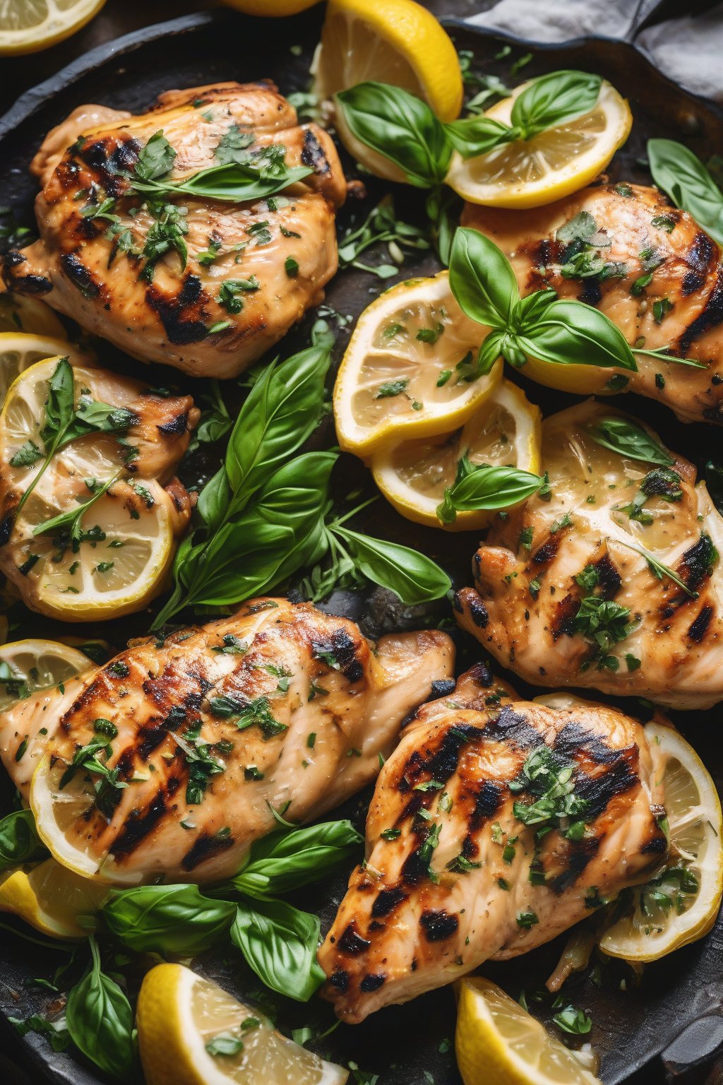 A high-resolution photo of grilled lemon basil chicken with fresh herbs under soft lighting.