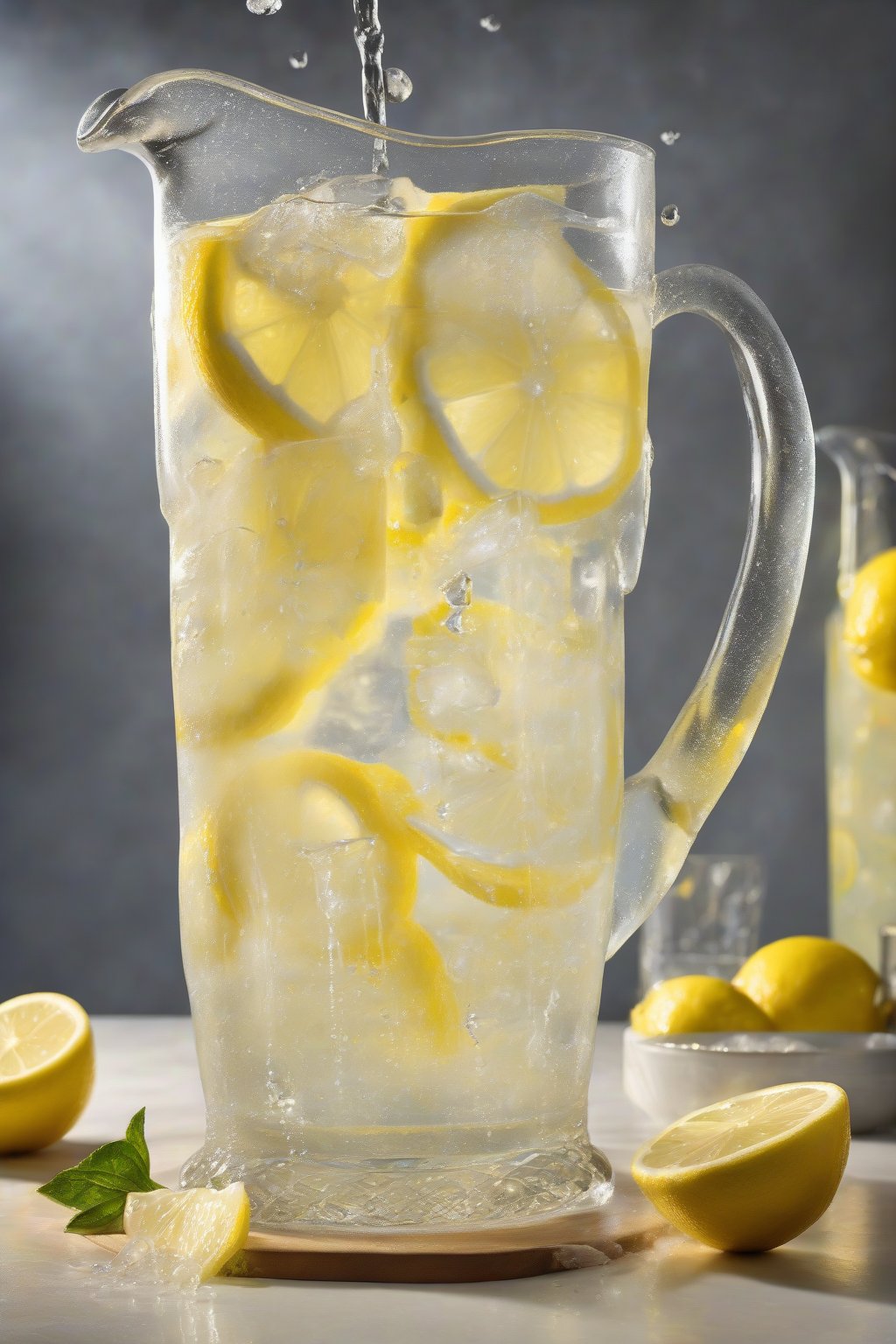 A high-resolution photo of a pitcher of classic zesty lemonade with lemon slices and ice, condensation dripping down the glass, under soft lighting.