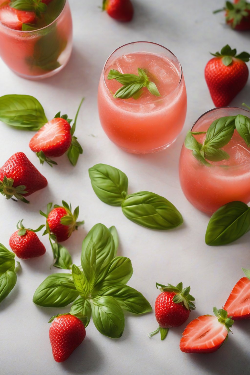 A high-resolution photo of strawberry basil lemonade in a clear glass with fresh strawberries and basil sprigs, under soft lighting.