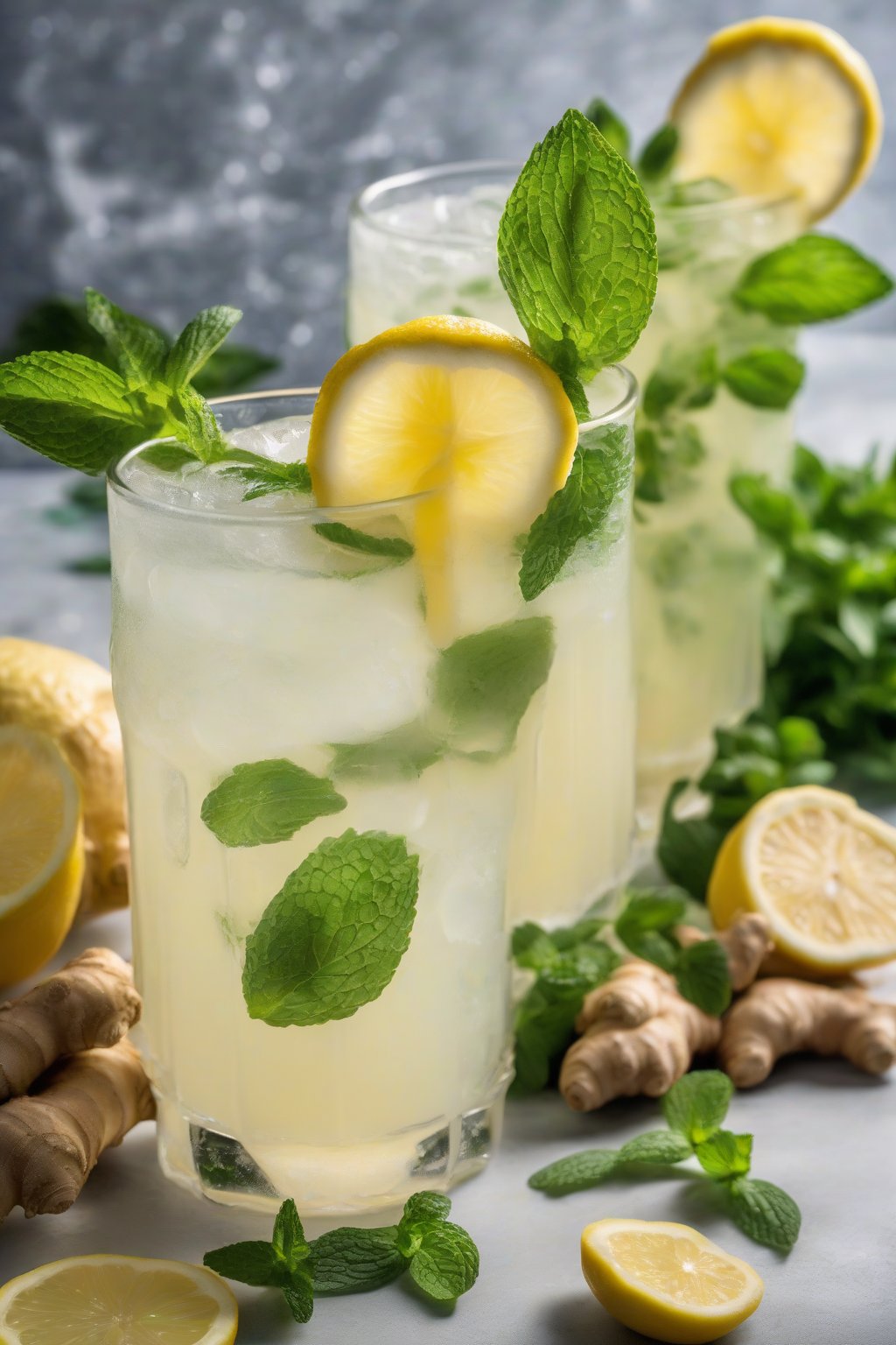 A high-resolution photo of ginger mint lemonade garnished with mint leaves and ginger slices in a frosty mug, under soft lighting.