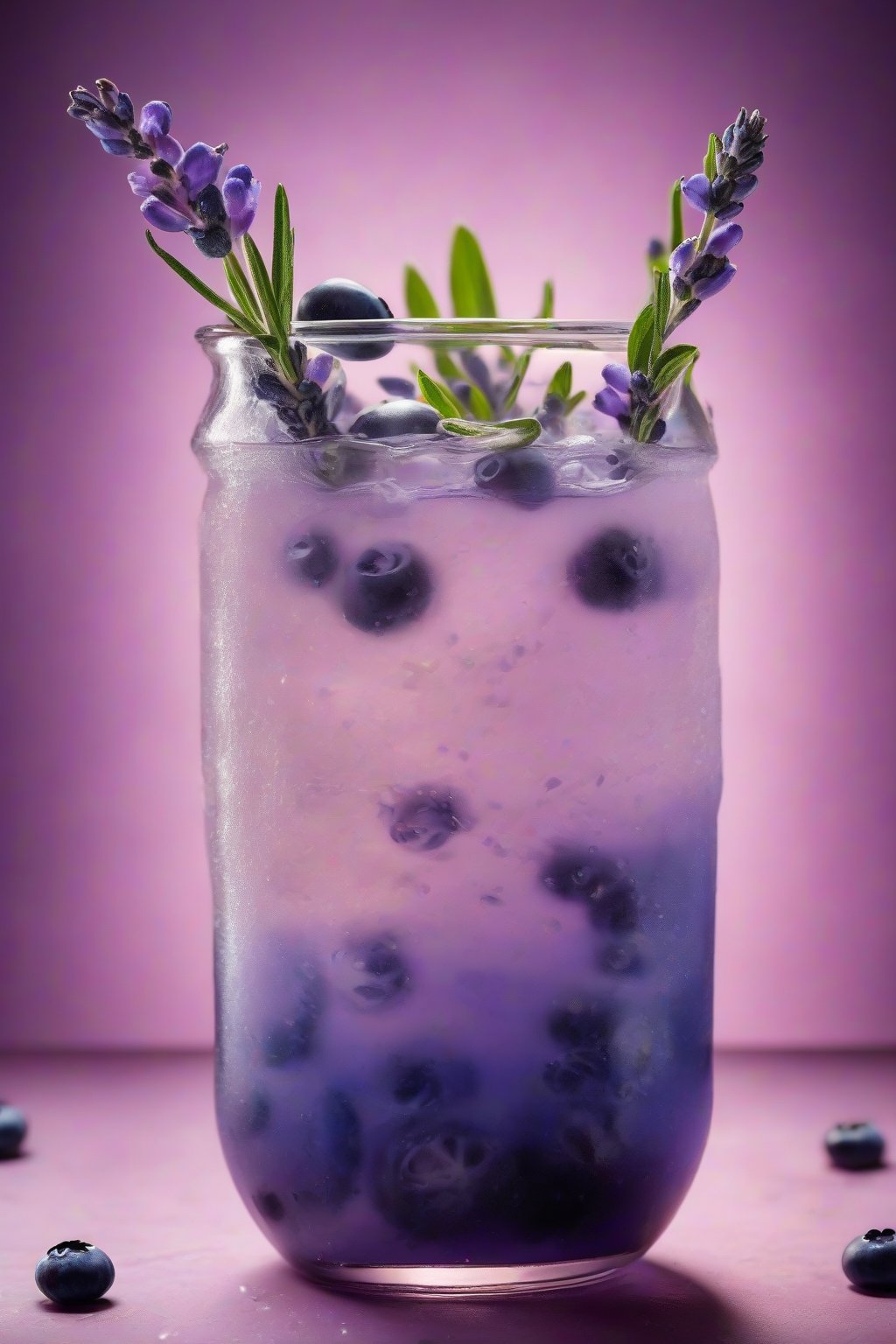 A high-resolution photo of lavender blueberry lemonade with floating blueberries and lavender buds, under soft lighting.