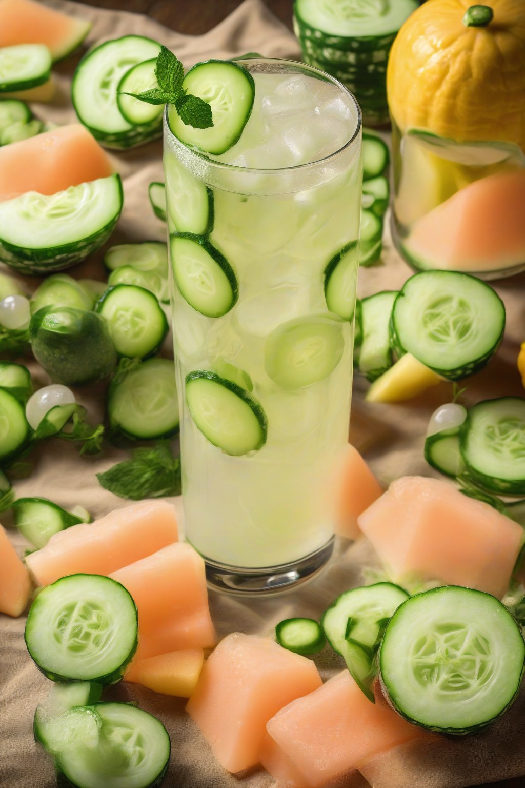 A high-resolution photo of cucumber melon lemonade in a tall glass with cucumber slices and melon balls, under soft lighting.