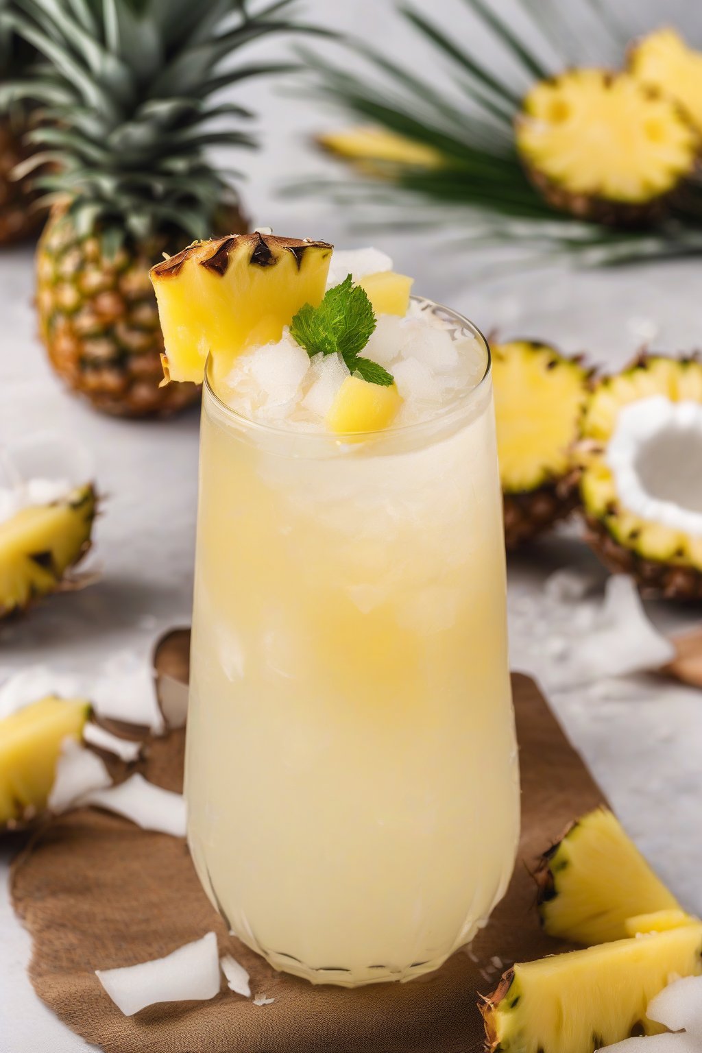 A high-resolution photo of pineapple coconut lemonade topped with pineapple wedges and coconut flakes, under soft lighting.