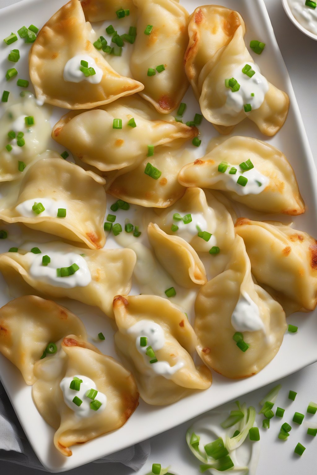 A high-resolution photo of golden-fried classic potato and cheese perogies on a white plate, topped with sour cream and green onions, under soft lighting.