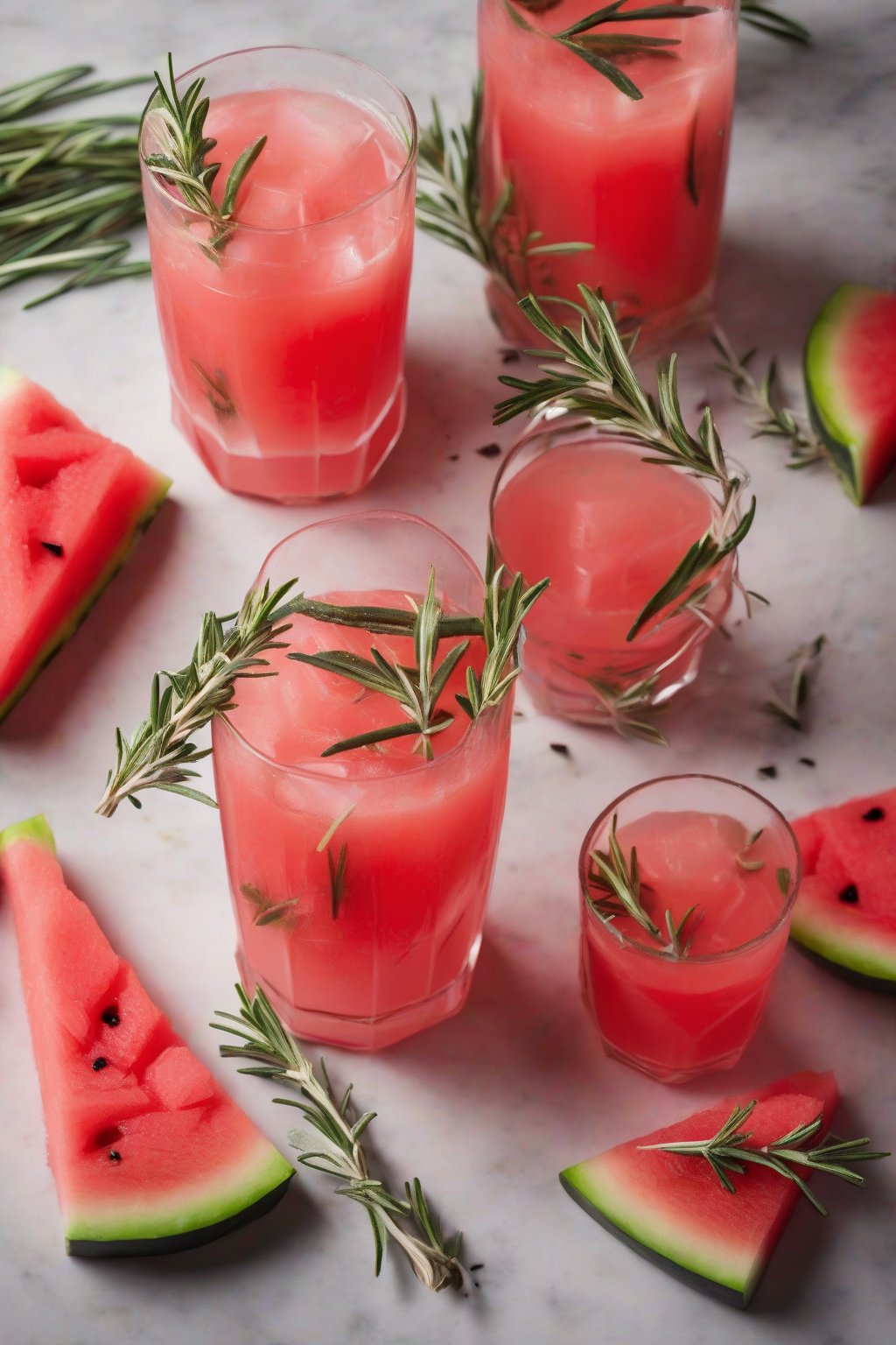 A high-resolution photo of rosemary watermelon lemonade with watermelon triangles and rosemary sprigs, under soft lighting.