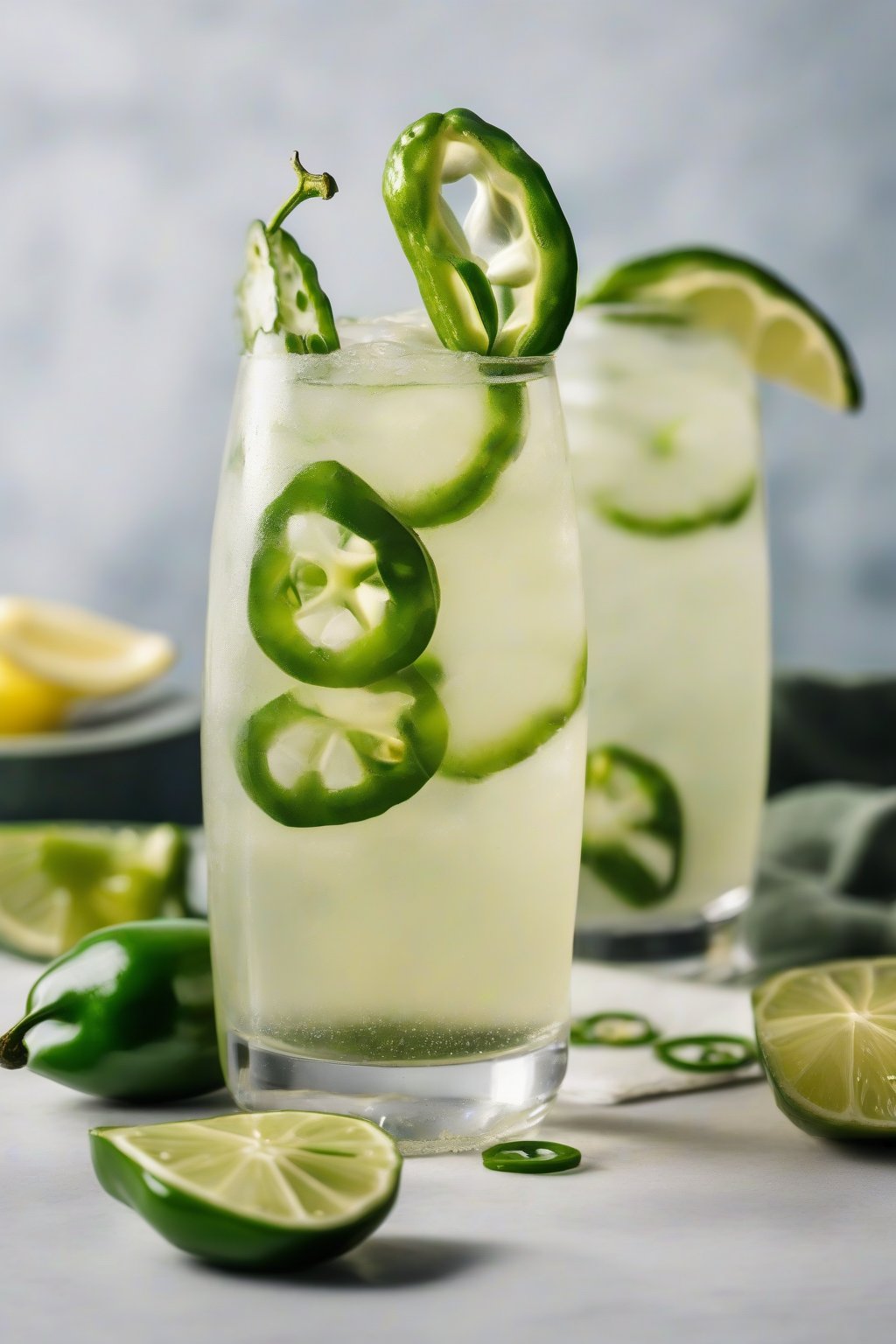 A high-resolution photo of spicy jalapeño lemonade with jalapeño slices and lime garnish in a chilled glass, under soft lighting.