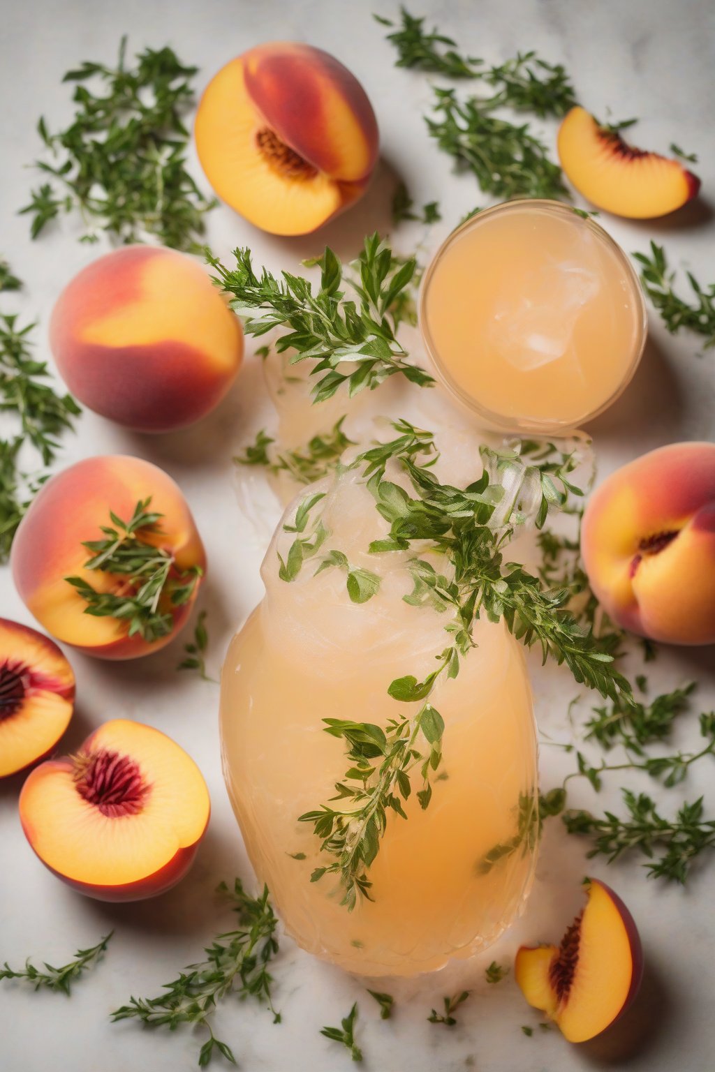 A high-resolution photo of peach thyme lemonade swirling with peach puree and thyme leaves, under soft lighting.