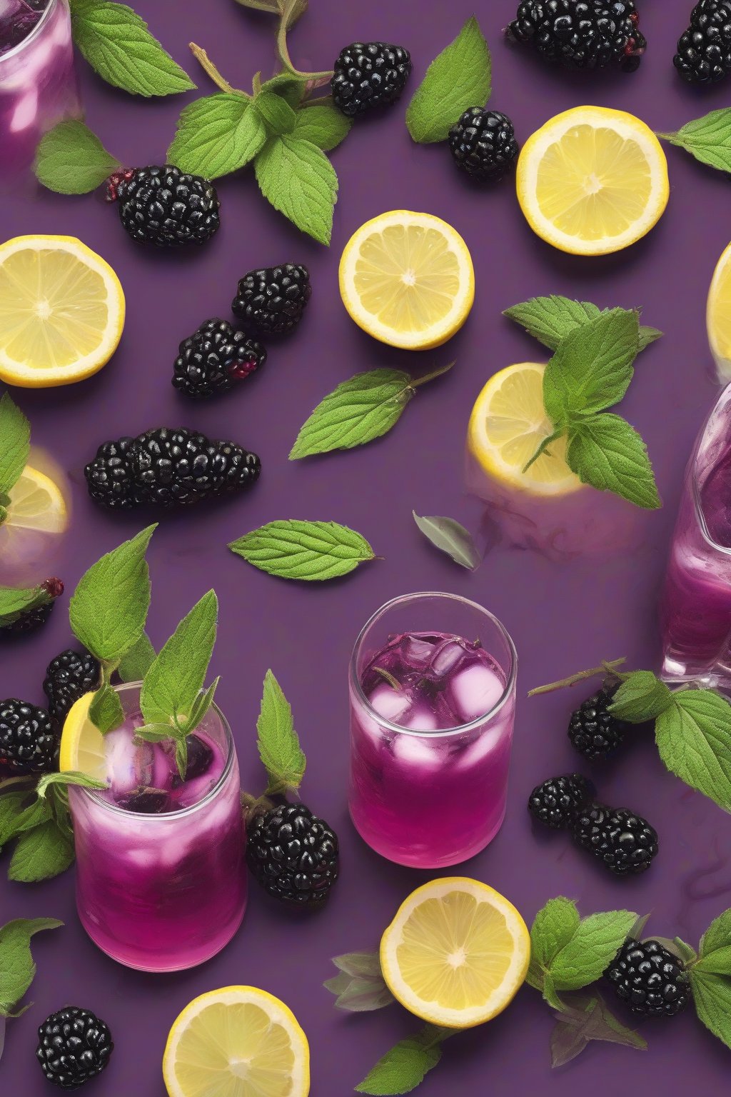 A high-resolution photo of blackberry sage lemonade stained deep purple with blackberries and sage, under soft lighting.