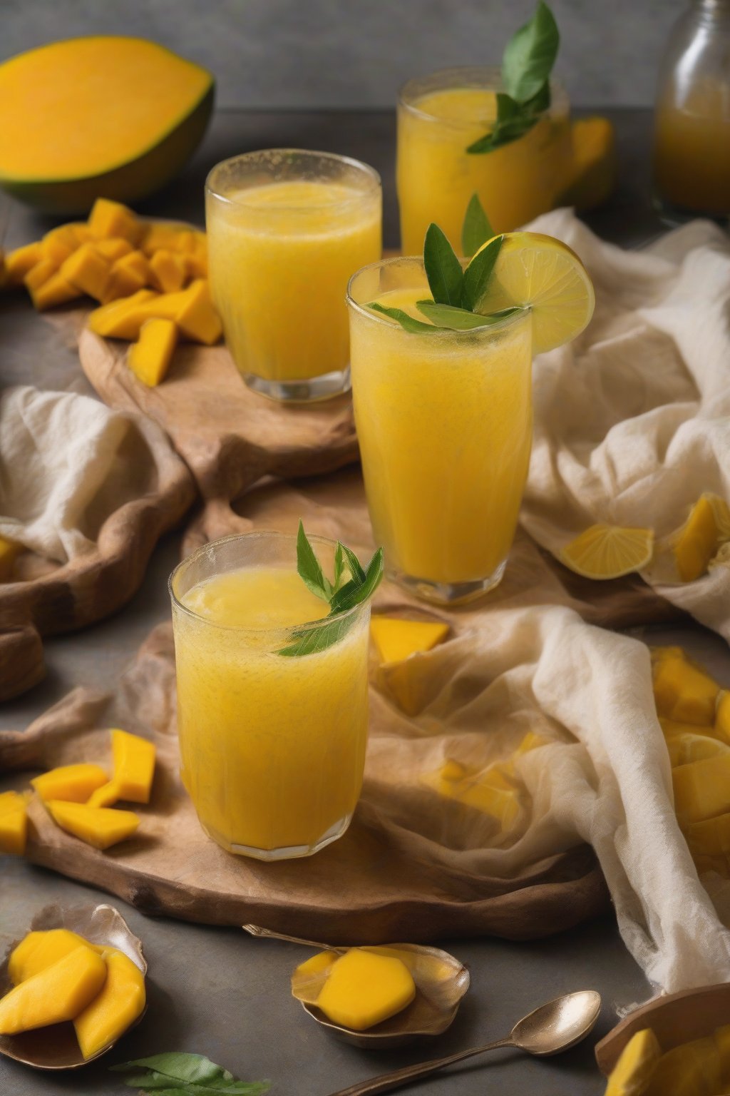 A high-resolution photo of mango turmeric lemonade with vibrant yellow hue, mango slices, and turmeric dusting, under soft lighting.