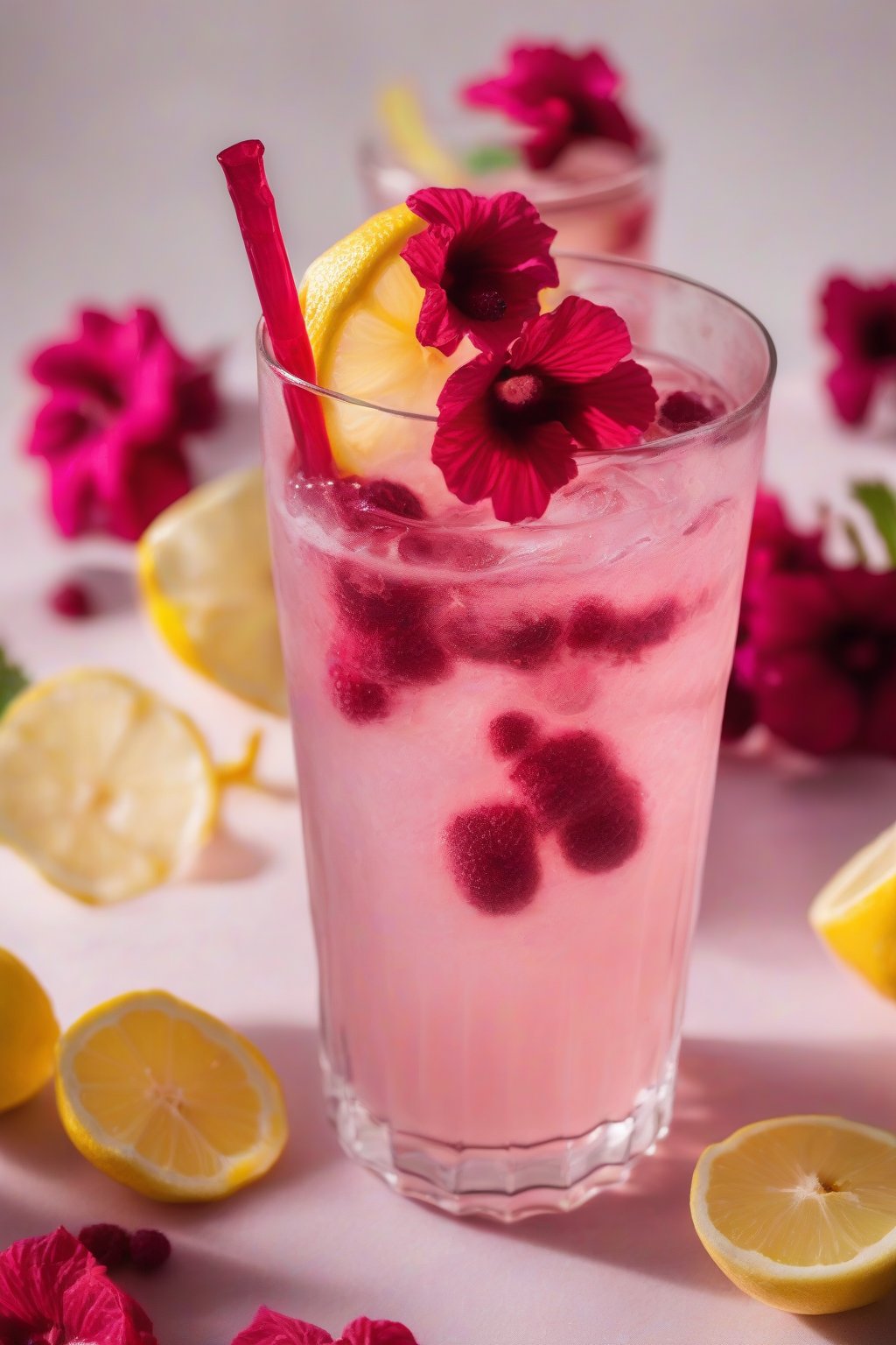 A high-resolution photo of raspberry hibiscus lemonade in a glass with hibiscus flowers and raspberries, under soft lighting.