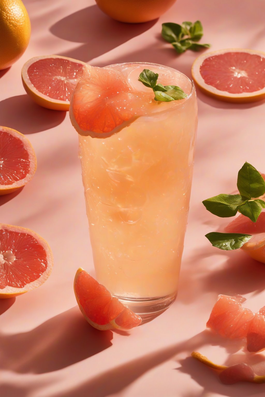 A high-resolution photo of grapefruit honey lemonade with grapefruit supremes floating atop, under soft lighting.