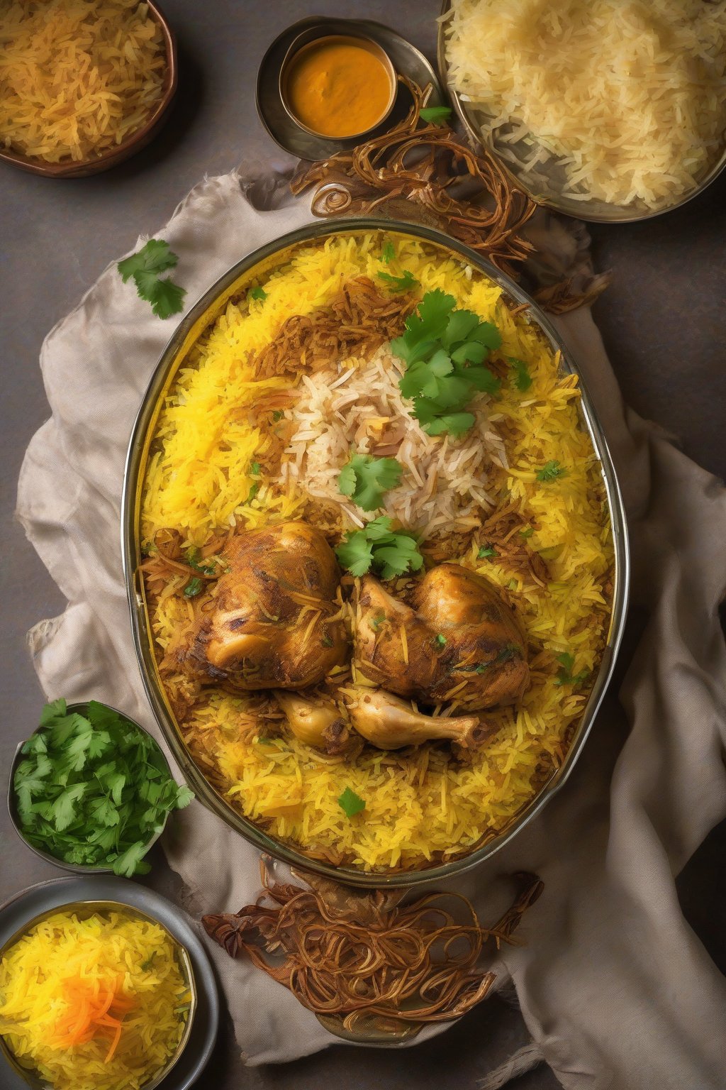 A high-resolution photo of steaming Chicken Biryani layered with golden saffron rice and garnished with fried onions and cilantro under soft lighting.