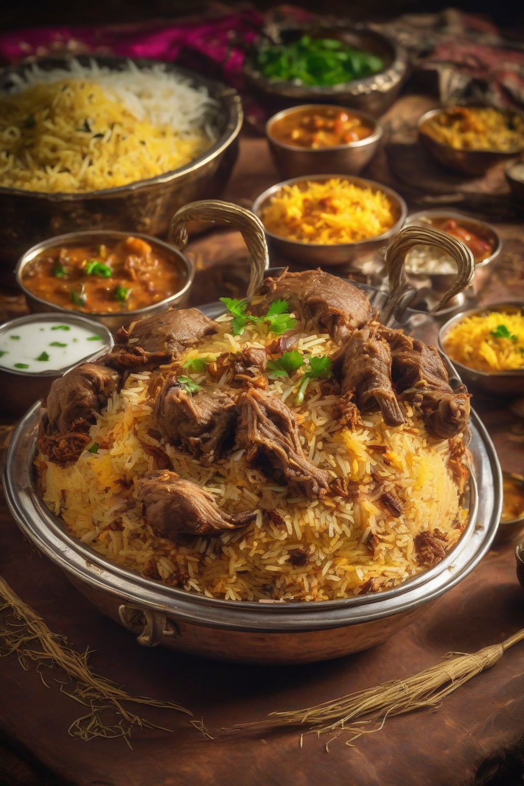 A high-resolution photo of Hyderabadi Mutton Biryani with juicy meat pieces peeking through vibrant rice under soft lighting.