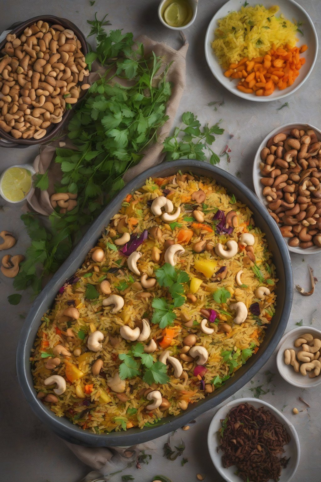 A high-resolution photo of colorful Vegetable Biryani topped with roasted cashews and fresh herbs under soft lighting.