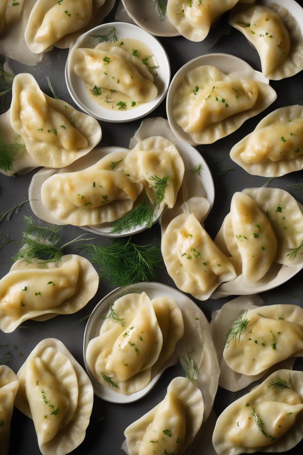 A high-resolution photo of meat-filled perogies glistening with butter, garnished with dill and sour cream, under soft lighting.