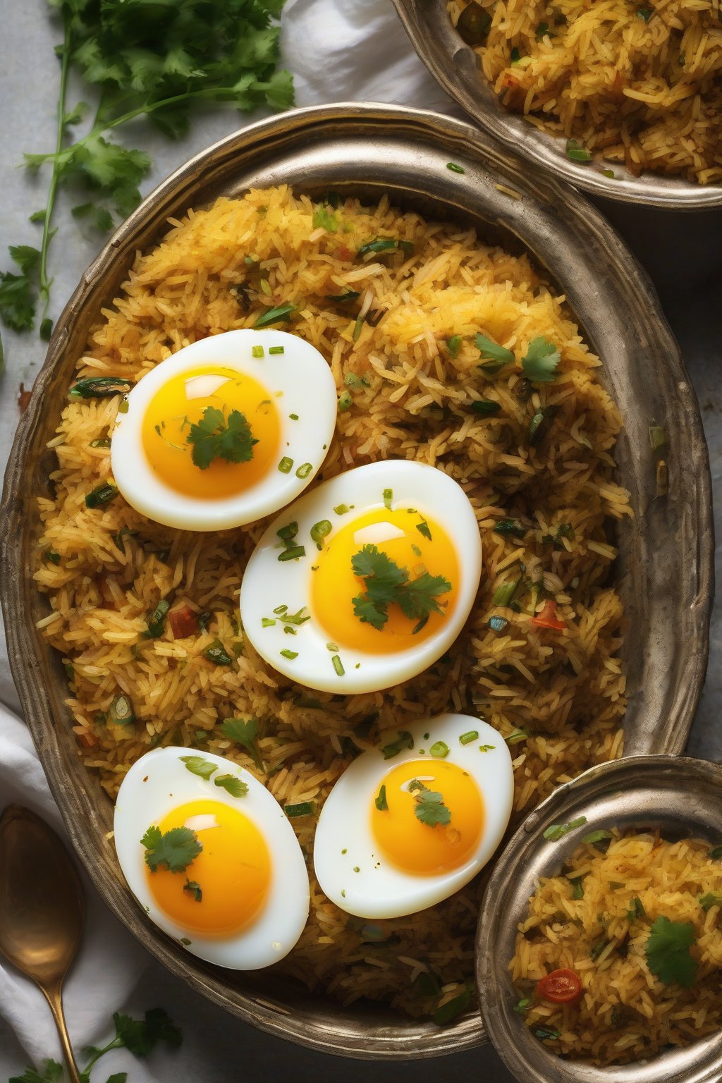 A high-resolution photo of Egg Biryani with halved eggs nestled in spiced rice under soft lighting.