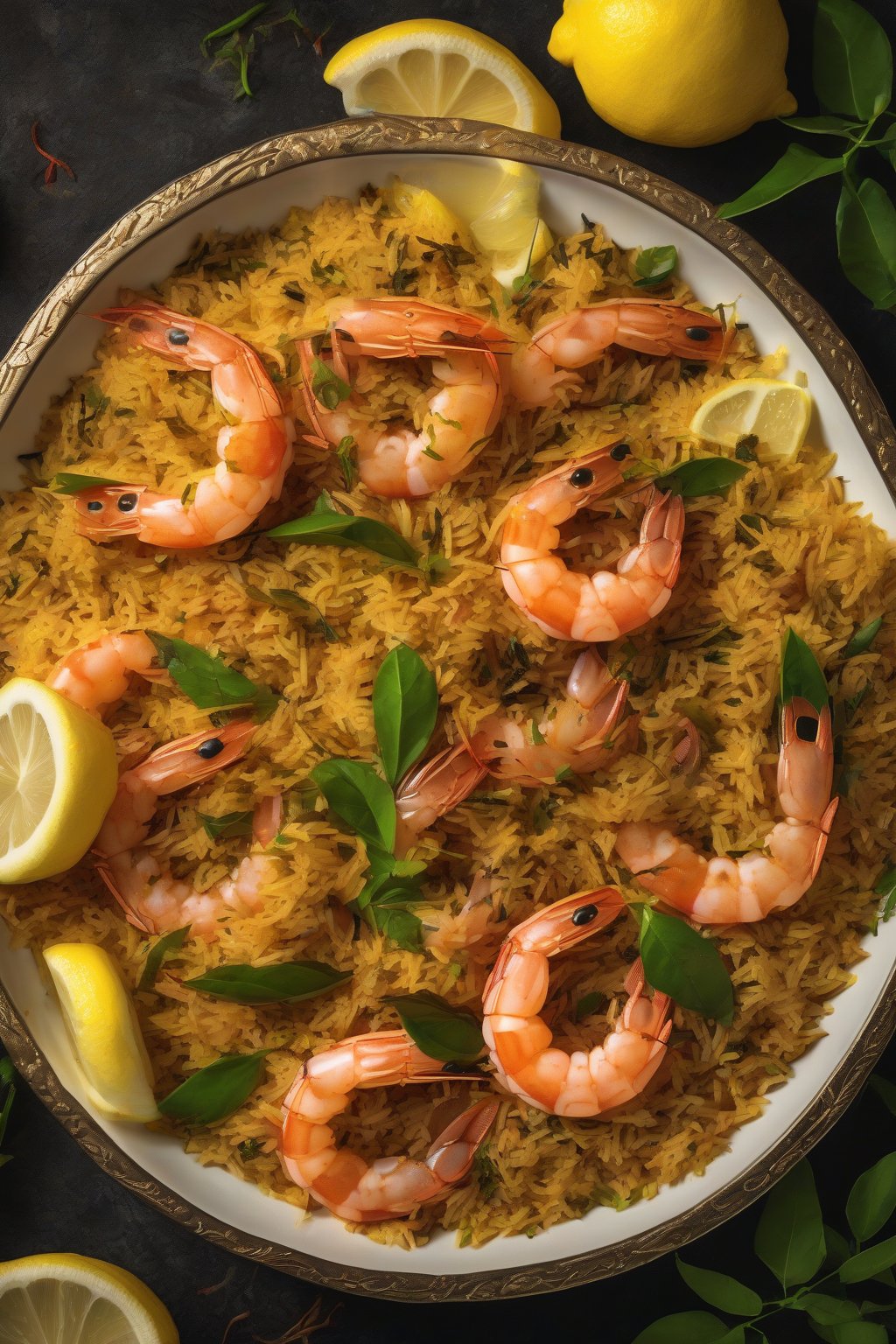 A high-resolution photo of glossy Prawn Biryani garnished with curry leaves and lemon wedges under soft lighting.