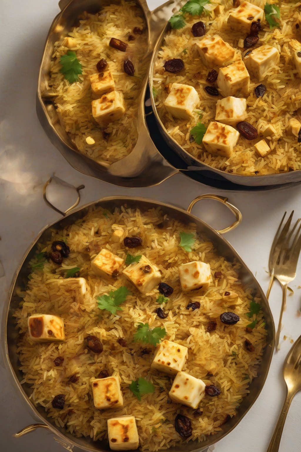 A high-resolution photo of Paneer Biryani with golden paneer cubes and raisins under soft lighting.