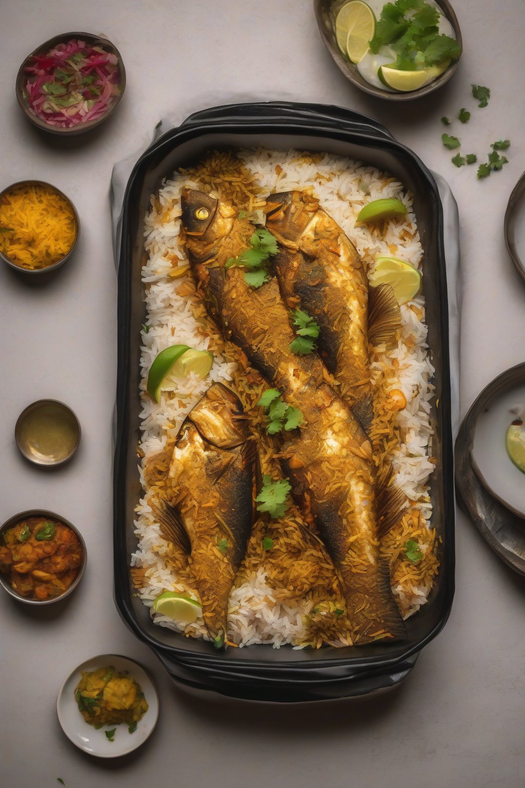 A high-resolution photo of Fish Biryani with charred edges on fish and fluffy rice under soft lighting.