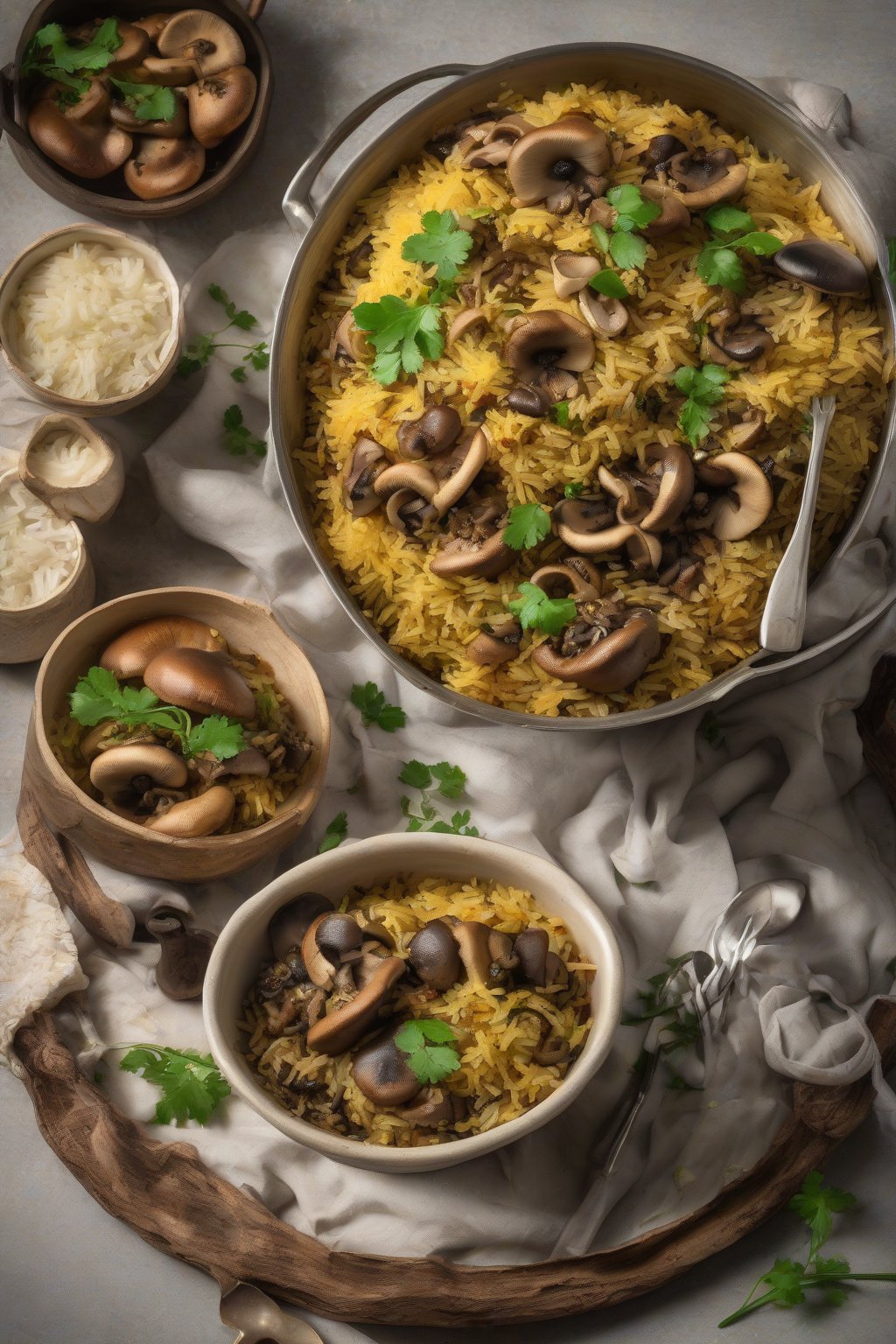 A high-resolution photo of Mushroom Biryani with glossy mushrooms amid herbed rice under soft lighting.