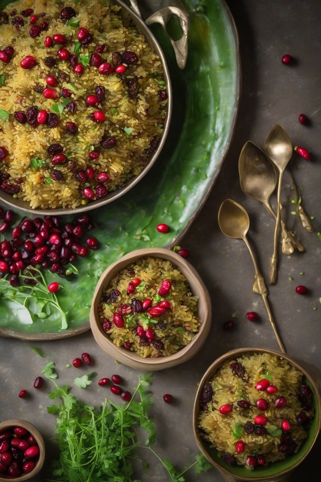 A high-resolution photo of Quinoa Biryani with red cranberries popping against green quinoa under soft lighting.