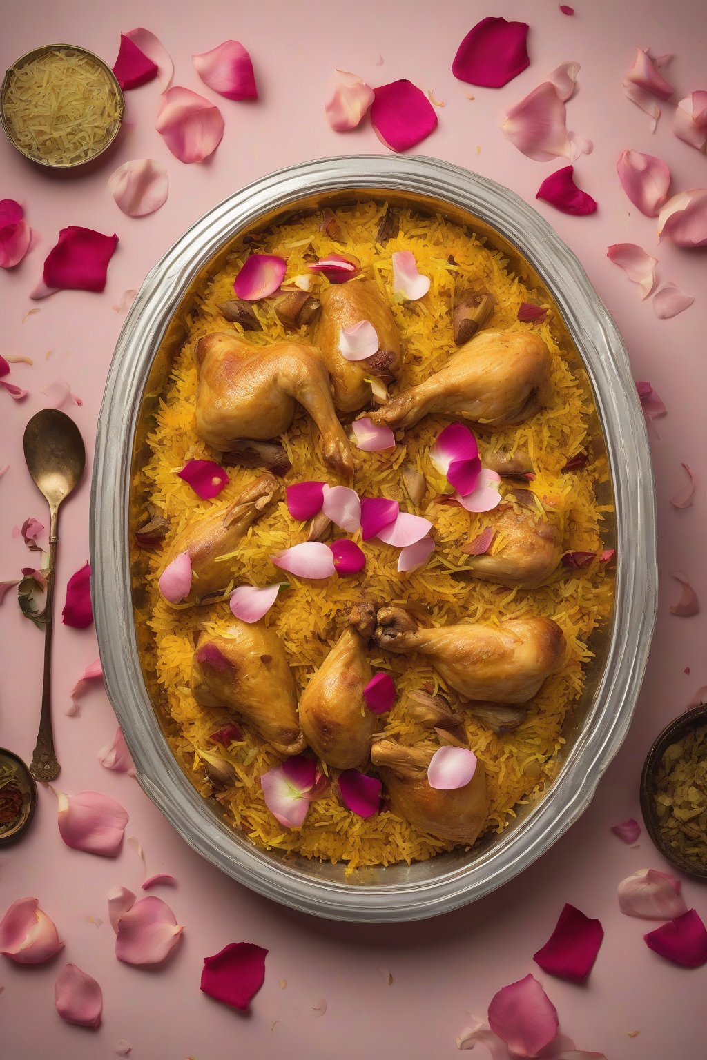 A high-resolution photo of Lucknowi Chicken Biryani adorned with rose petals under soft lighting.