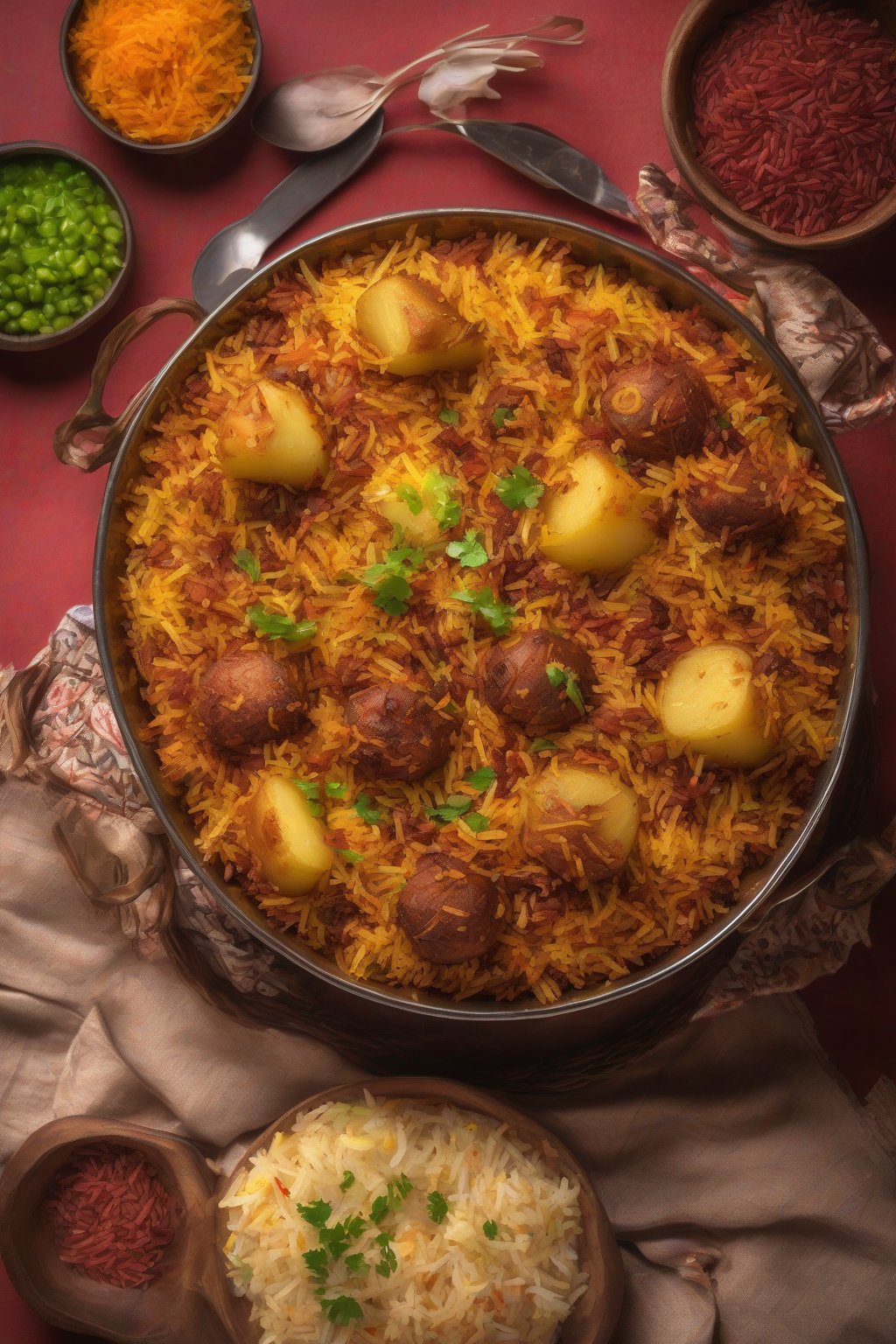 A high-resolution photo of Sindhi Biryani with potato chunks and fiery red rice under soft lighting.