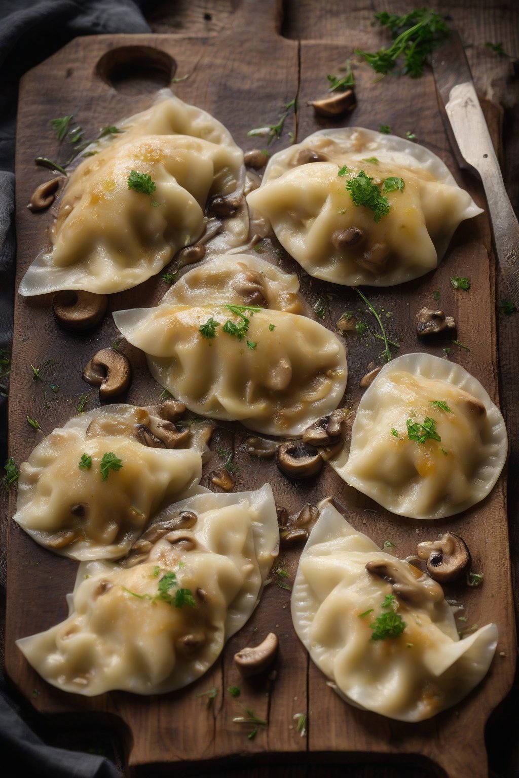 A high-resolution photo of sauerkraut and mushroom perogies steaming on a rustic wooden board, drizzled with melted butter, under soft lighting.