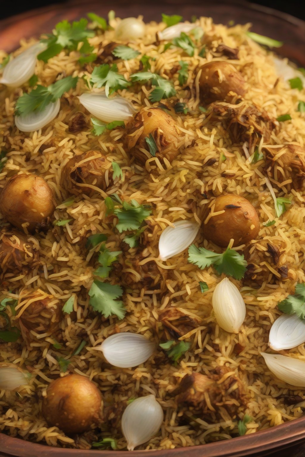 A high-resolution photo of Kalyani Biryani with pearl onions scattered atop under soft lighting.