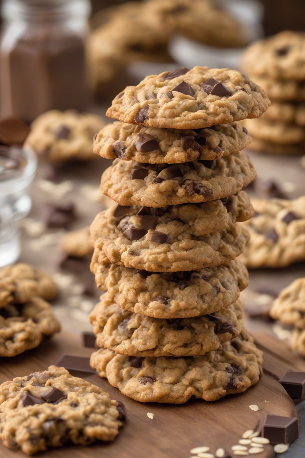 A high-resolution photo of golden classic oatmeal chocolate chip cookies stacked on a wooden board under soft lighting.