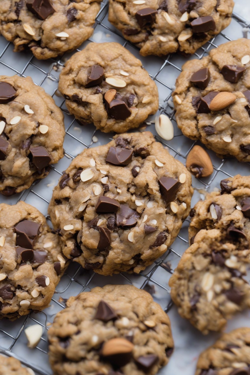 A high-resolution photo of chewy almond butter oatmeal chocolate chip cookies with visible nut chunks under soft lighting.