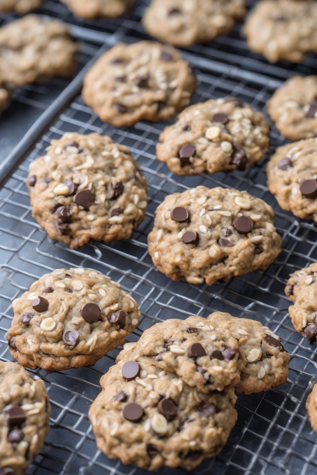 A high-resolution photo of soft banana oatmeal chocolate chip cookies with banana flecks on a cooling rack under soft lighting.