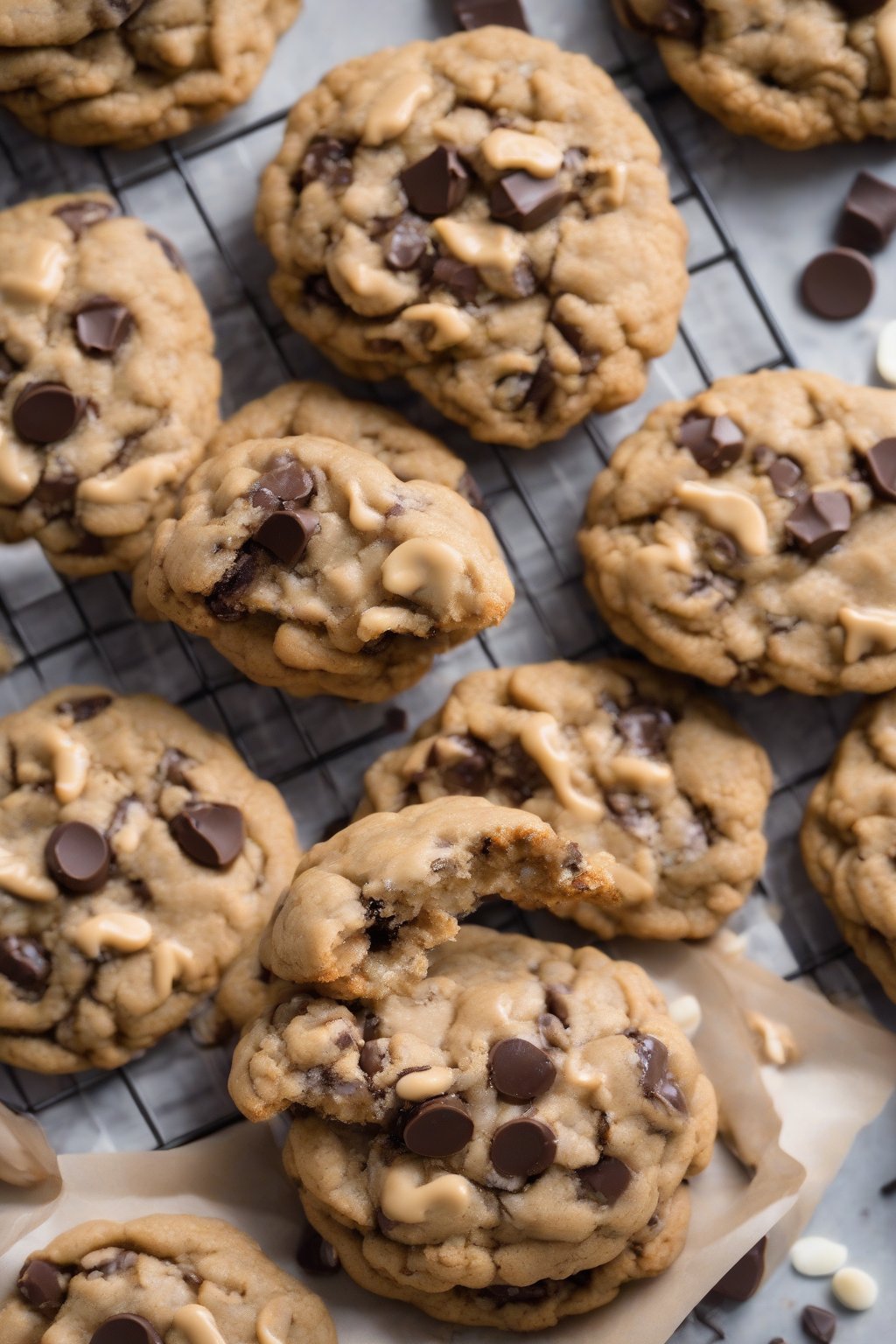 A high-resolution photo of peanut butter oatmeal chocolate chip cookies with gooey centers under soft lighting.