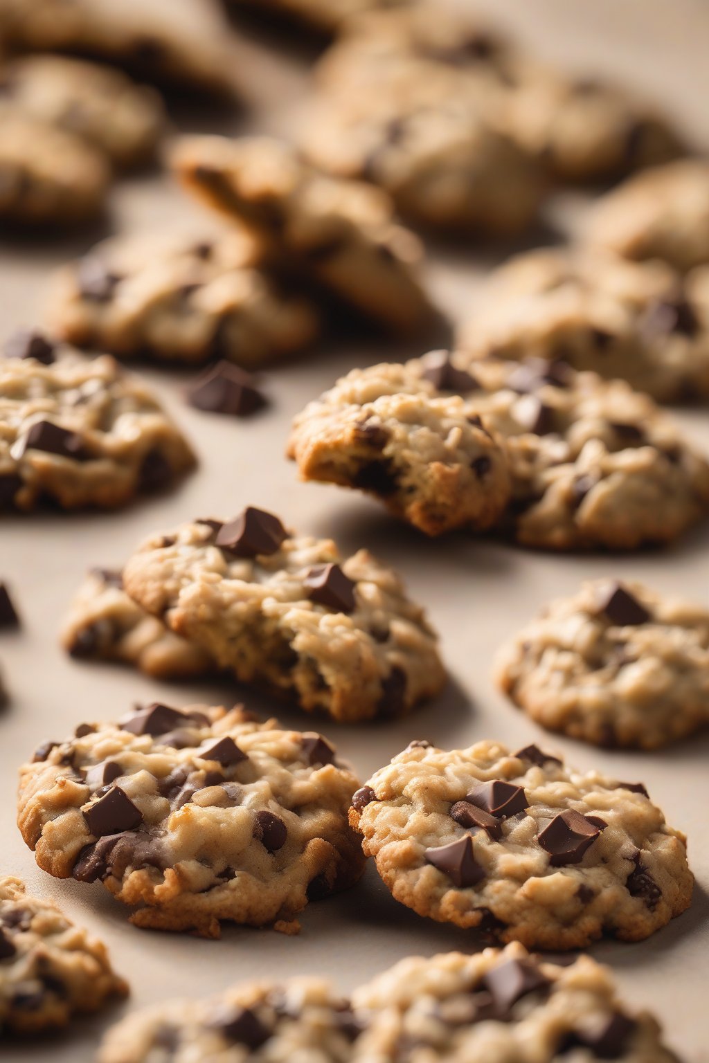 A high-resolution photo of coconut-flecked oatmeal chocolate chip cookies piled high under soft lighting.