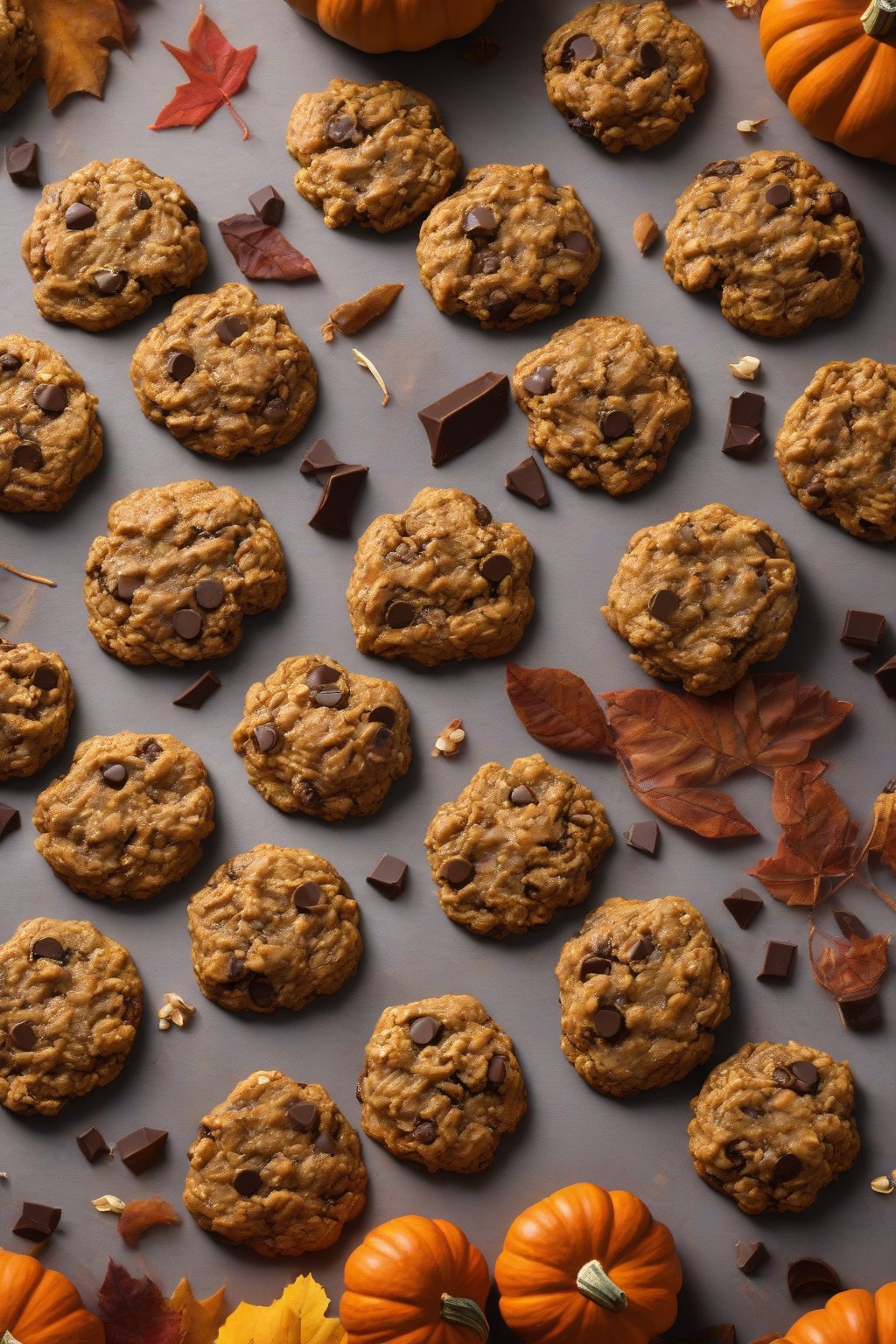 A high-resolution photo of pumpkin spice oatmeal chocolate chip cookies on autumn leaves under soft lighting.